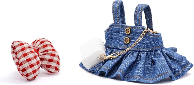 Doll Clothes for 17cm Dolls Cute Style Premium Handmade Outfit 3 Piece Set Including a Denim Dress, Red Bow and Bag - Dolls Clothes Accessories for Play & Display - No Doll (Blue)