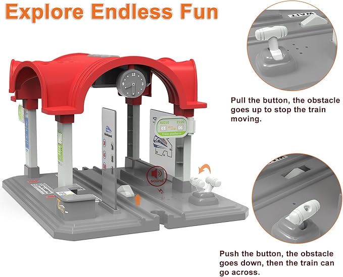 Train Accessories Modern Station for Kids, Train Tunnel for Wooden Railway System, Multifunction Toy Trains Set for Motorized Cars Compatible with Thomas & Friends, Brio, Chuggington