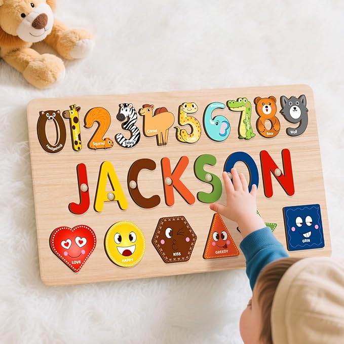 Personalized Name Puzzle for Kids, Customized Baby Gifts, Wooden Shapes Puzzles for Toddlers Boy and Girl, 1 Year Old Girl Gifts, Baby Shower