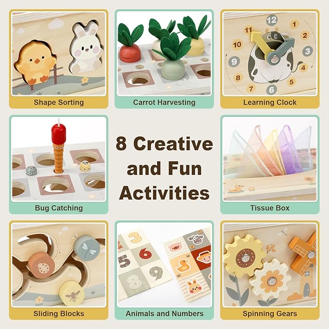 Joyreal 8-in-1 Montessori Tissue Box Toy for Baby 12 Months - Neutral Color Wooden Activity Cube for Boys and Girls First Birthday Gifts - Sensory Toy for Toddlers 1-3 Preschool Learning Education