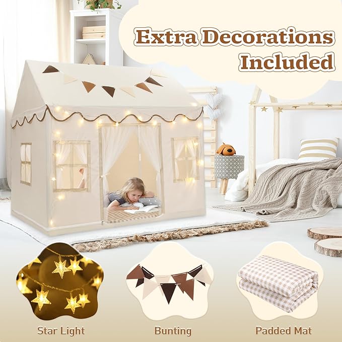 Kids Play Tent, Toddlers Large Playhouse with Mat, Star String, Flag, Machine Washable, Indoor and Outdoor Play Tent for Kids, Girls & Boy Aged 3+, 50" x 34" x 51", Cream