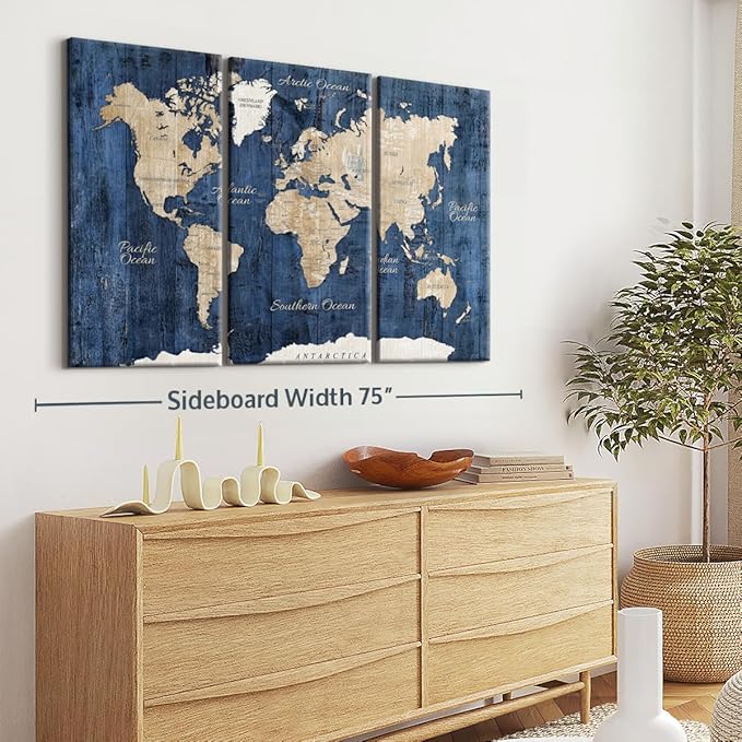 ElephantStock Aged Blue World Map II Canvas - 3 Panel Wall Decor - World Map Digital Art - Blue Wall Art - 65" X 42"