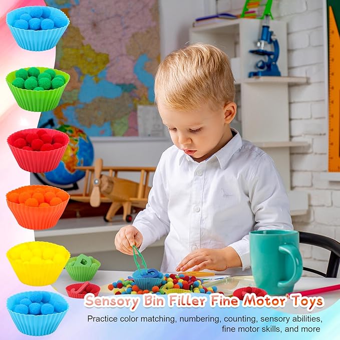 286Pcs Letters and Numbers Sensory Bin Filler Fine Motor Toys Counting Sorting 200 Felt Pompoms 76 Magnetic Letters Numbers 4 Tweezers 5 Silicone Plates 1 Storage Box for Counting Sorting DIY Crafts
