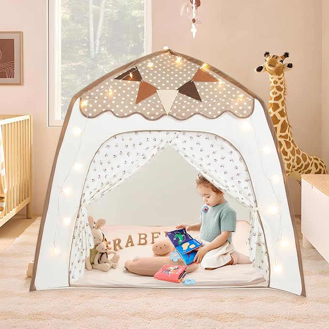 Toddler Bed Tent with Mat, Flags, Star String, Kids Play Tent, Portable Bed Canopy for Boys & Girls, Children, Indoor Outdoor Dome Playhouse, Brown Dots & Floral Pattern, 51" x 39" x 51"