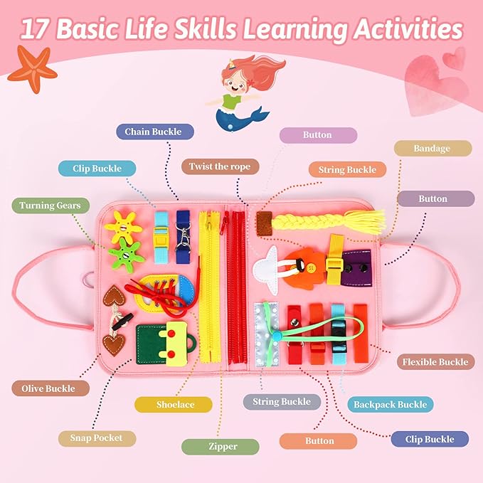 8 in 1 Toddler Busy Board for 1 Years Old, Montessori Toy Busy Book for Toddlers 1-3 Educational Learning Toy Activity for Basic Motor Skills, Kid Travel Essential 2-4 Yr Birthday Gift for Girl(Pink)