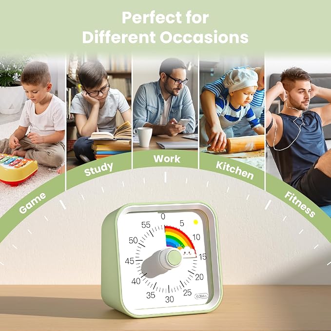 Visual Timer for Kids with Pause Function, Cute Silent Timer with Rainbow for Classroom, Teaching, Task, Kitchen, 60 Minute Countdown Time Management for ADHD (Rainbow Green)