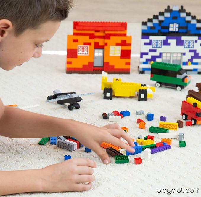 Play Platoon 1120 Pieces Building Bricks Set - 10 Classic Color Blocks - Bulk Building Blocks Compatible with Major Brands - 14 Different Shape Bricks - Includes Wheels, Tires, Axles, Windows & Door