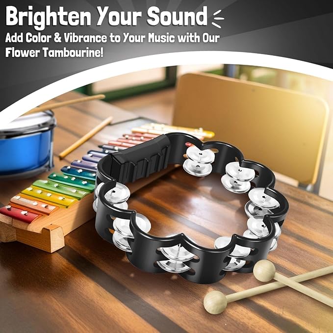 Flexzion Flower Tambourine - 8 Inch Handheld Percussion Instrument w/Metal Jingles & Ergonomic Grip - Small Tambourines for Adults, Kids, Church, Parties, & Musical Events (Black)