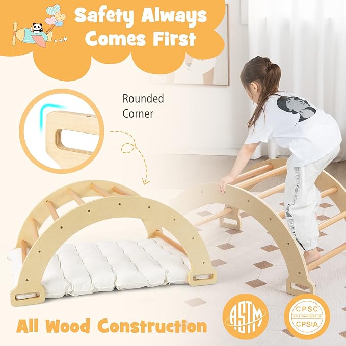 Costzon Wooden Arch Rocker with Cushion, 3-in-1 Montessori Climbing Toys for Toddlers, Children Indoor Outdoor Playground Climbing Gym Learning Playset, Arch Climber Ladder for Kids Gift Presents