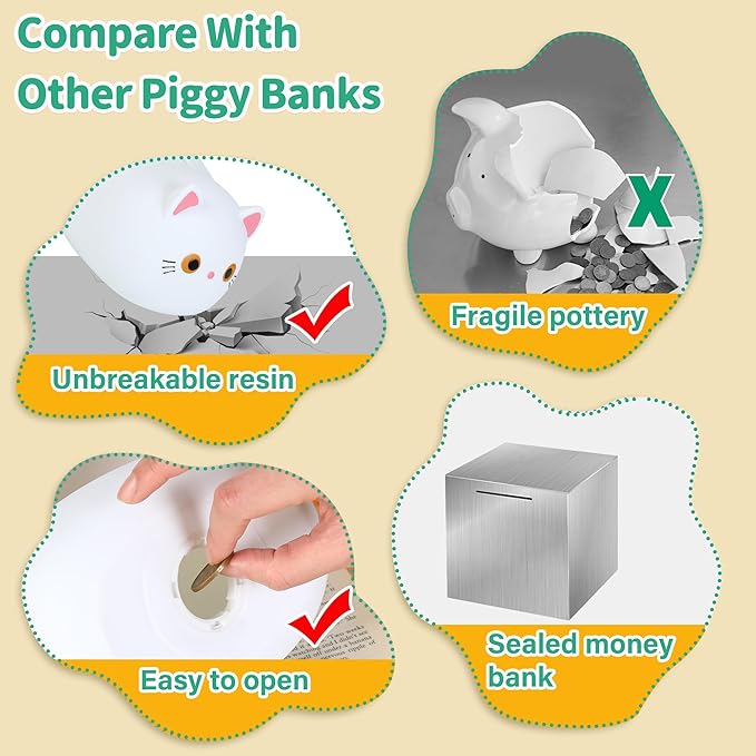 H&W White Cat Piggy Bank for Girls,Plastic Coin Bank,Unbreakable Money Bank,Cute Piggy Bank for Kids,First Money Box,Best Birthday