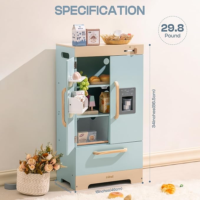 ROBOTIME Toy Kitchen Wooden Fridge, Play Refrigerator for Kids & Toddlers, Wooden Fridge Freezer Set with Ice Maker and Foods, Pretend Play Kitchen Playset for Ages 3+