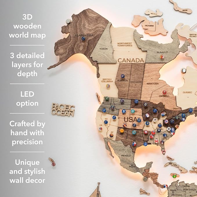 Enjoy The Wood 3D Wood World Map LED 3.0 Wall Art Modern Home Decor Gifts LED Lighting Wall Decor Housewarming Gift (Smokey)