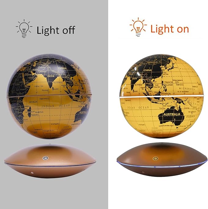 Floating Magnetic Levitation LED Globe, 6 Inch, Gold, Political Map, Metal Base