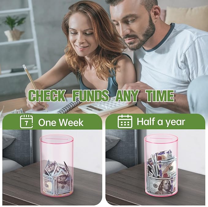 Clear Piggy Bank for Adults/Kids, Acrylic Unopenable Money Box for Cash Coin Saving, Must Break to Open, Money Saving Jar for Adults Boys Girls, Size 8" H x 5" Diameter(Pink)