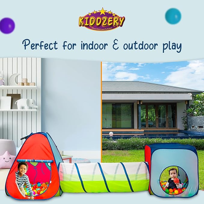 Kiddey 3-in-1 Kids Pop-Up Play Tent, Crawl Tunnel, & Ball Pit Set with 50 Play Balls - 3 Piece Durable Pretend Playhouse Tent for Boys, Girls, Toddlers & Pets - Indoor & Outdoor with Carry Case