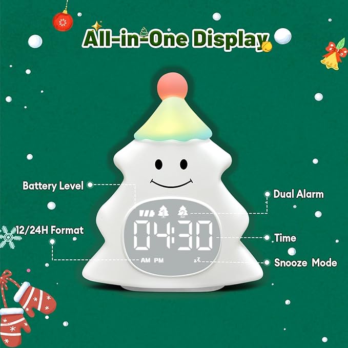 Christmas Tree Kids Alarm Clock, Digital Alarm Clock for Children with Snooze, 5 Ringtones, 8 Volume Levels, Gentle Night Light Timer, Easy-to-Read Display, Fun Holiday Wake Up Clock Gift