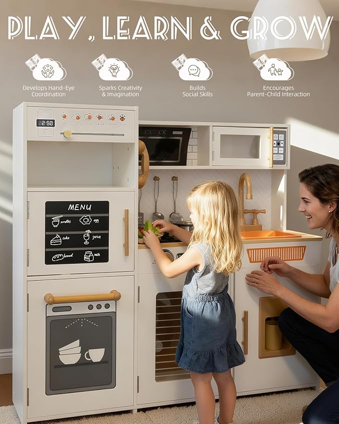YUG Kids Play Kitchen Set with Real Lights & Sounds Toddler Kitchen Playset Including Stove, Oven, Dishwasher, Ice Maker, Pretend Kitchen Toy for Boys Girls Ages 3+, ASTM CPSIA Compliant