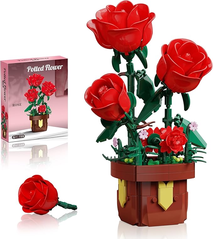 Roses Flowers Botanical Building Blocks Set,Artificial Plants Bonsai Building Toys with Pot,Indoor Display for Home Office Decor,Christmas Birthday Gift for Adult Women Girls Age 8-12(307Pcs)