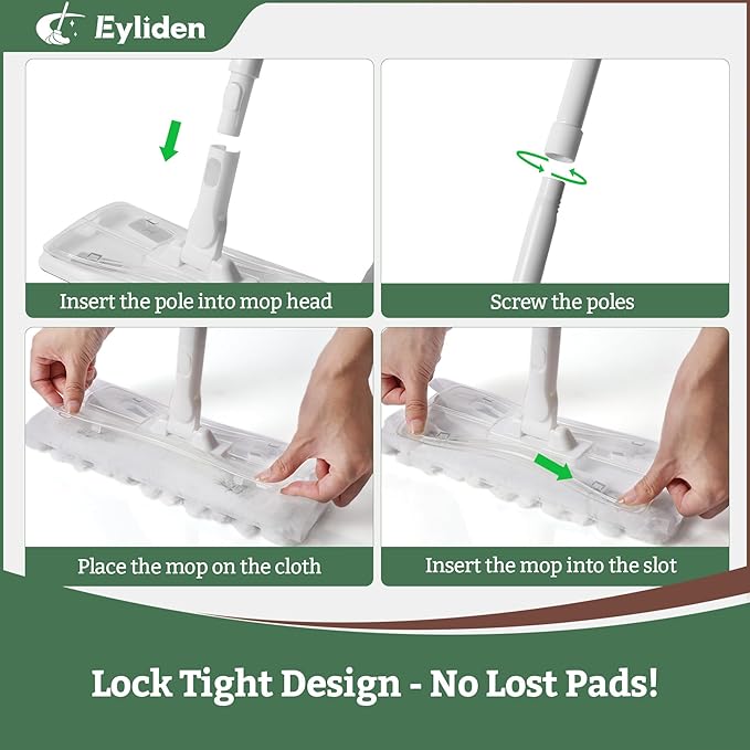 Eyliden Sweeper Mop with 58" Long Handle, 36 Disposable Refills - 12 Heavy-Duty Pet Hair Cleaning Pads, 24 Dry Sweeping Cloths, Dry Dust Mops Kit for Multi Surface Floor Cleaning (White)