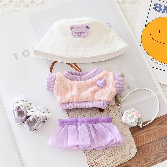 17cm Doll Clothes Set (No Doll), 5 Pieces Skirt Outfit Set for 6.7inch Dolls Dress Suit, Fashion Kawaii Dress Up Hat Overskirt Shoes Accessories for 1st/2nd/3rd Gen Dolls Play & Display Purple