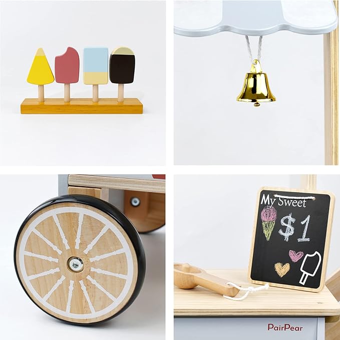 PairPear Wooden Ice Cream Cart for Kids – Toddler Pretend Play Grocery Store Ice Cream Truck Playset Kids Dessert Truck Play Food Kitchen Toys Gift for Boys and Girls 3 Years and up