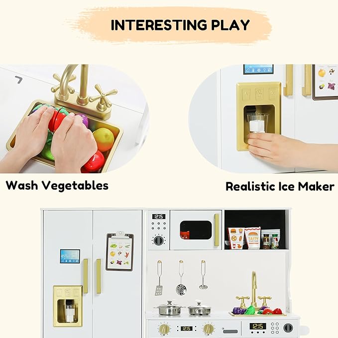 Play Kitchen Sets for Kids, Pretend Wooden Kids Kitchen Playset, Interactive Toy Kitchen with Freezer, Washing Machine, Ice Maker & Large Storage Space, for Boys Girls Ages 3+, White