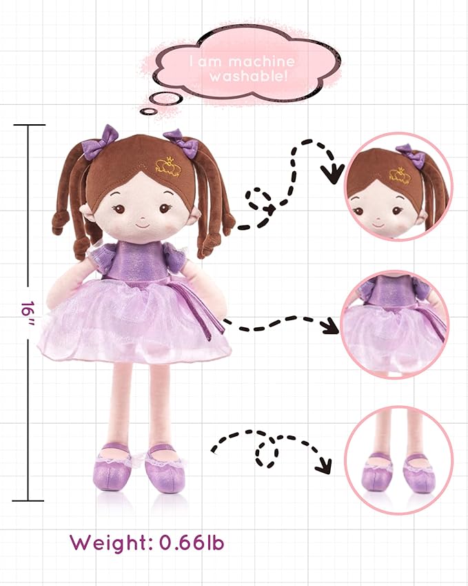 LeyaDoll Soft Baby Doll Toys (16''), My First Baby Rag Doll for 1 Year-Old Girl Birthday Gift, Christmas Plush Toys Gift for Toddler Kids Infants-Daydream-Princess-Coral-Violet
