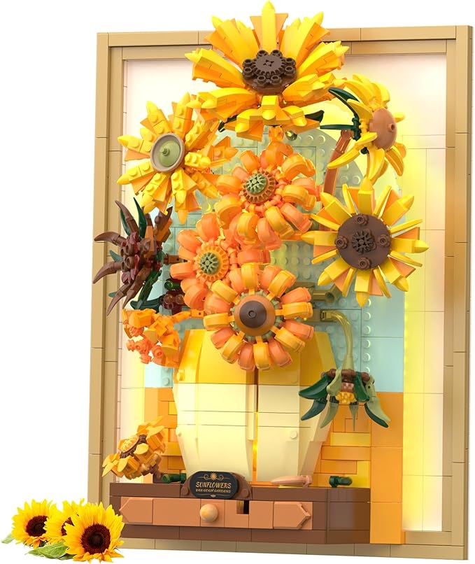 NUTCRACKER Sunflower Flower Building Set with Sensor Light, 3D Sunflower Van Gogh Painting Frame Wall Art Crafts for Home Office Decor, Easter Birthday Gift for Adult Girls 14+ (1166 Pieces)