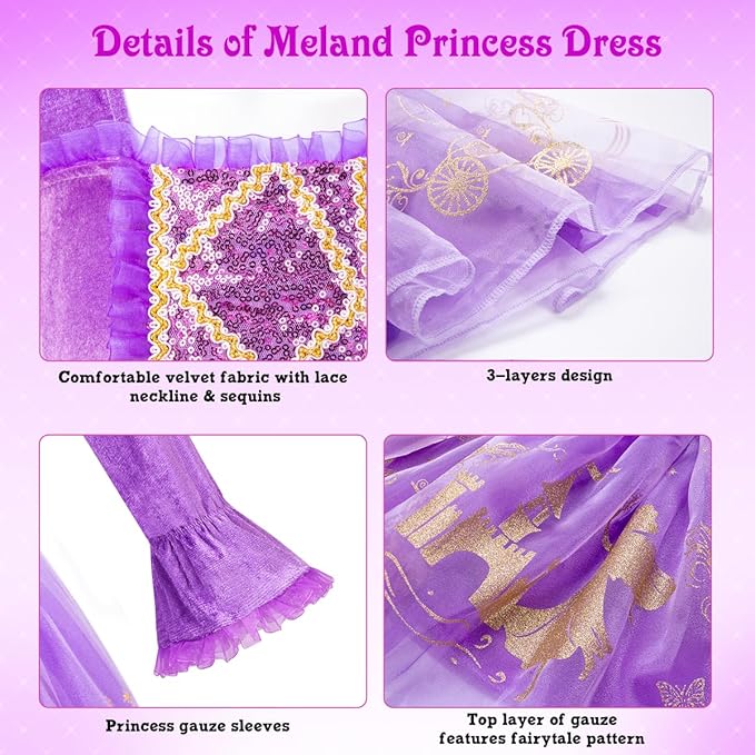 Meland Princess Dress Up for Girls, Dress Up Clothes for Halloween Costumes, Birthday Gift for Toddlers Aged 3-10 Years Old