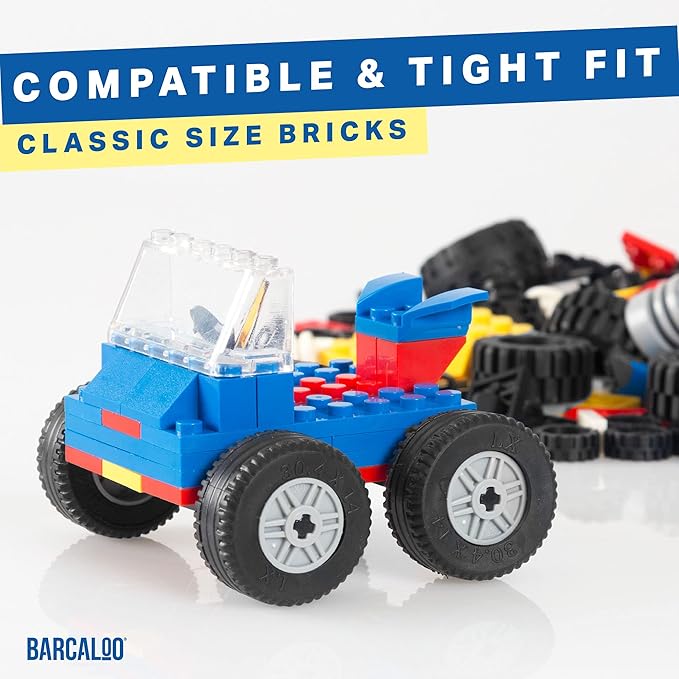 Barcaloo 144 Piece Wheels and Axles Sets, Building Bricks Car Parts and Pieces Kit - Car Building Set with Wheels, Axles & Windshields