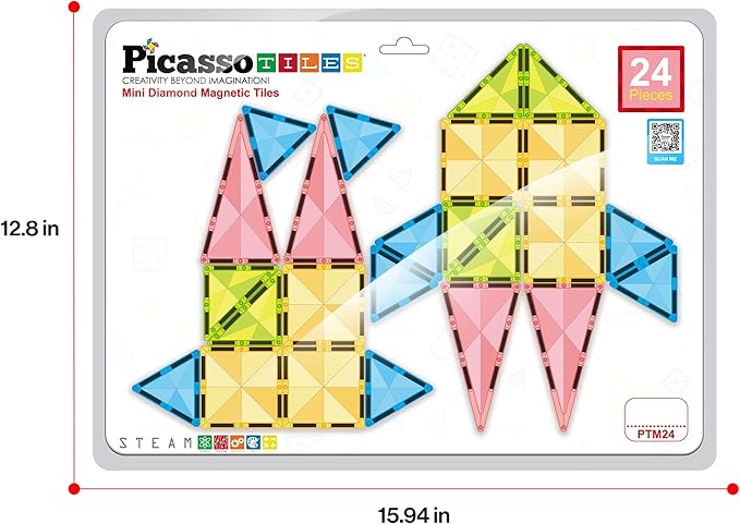PicassoTiles Magnetic Tile 24pc Mini Diamond Magnetic Building Blocks Set Travel Size STEM Educational Construction Toy Portable Hands On Learning Creative Open Ended Play for Kids Ages 3 Plus PTM24