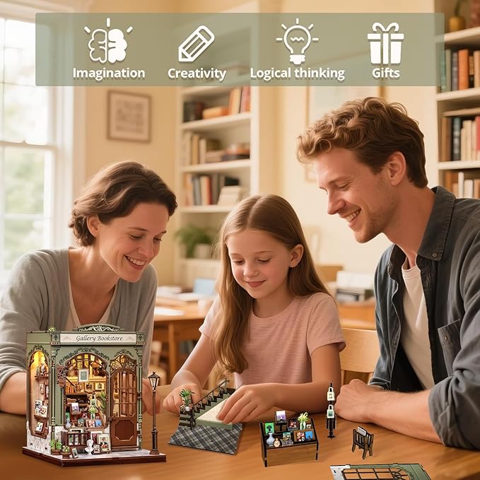 Cutefun Book Nook Kit - DIY Miniature Dollhouse Kit for Adults and Teens, 3D Wooden Puzzle Library Mini House Building Kit with LED Bookshelf Insert Decor Creative Gifts (Gallery Bookstore)
