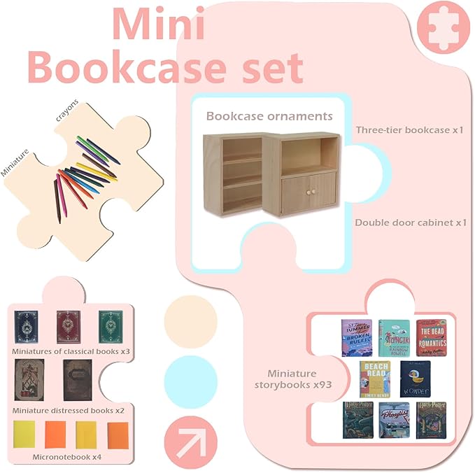 1:12 Scale Dollhouse Bookshelf Set - 2 Mini Wooden Bookshelves, 100+ Blank Mini Books & Art Studio Accessories for Creative Educational Gift for Kids, Collectors (Dollhouse Furniture & Accessories)