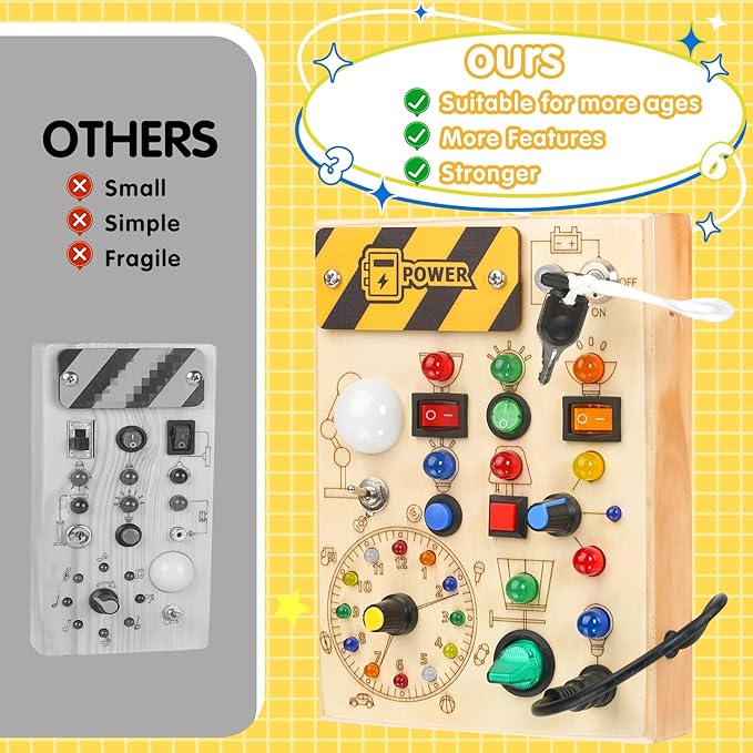 Montessori Busy Board Toys: Wooden Sensory Toy for Toddler with LED Light Up Switch, Educational/Christmas/Birthday Gifts for 1-3 Year Old Boys & Girls