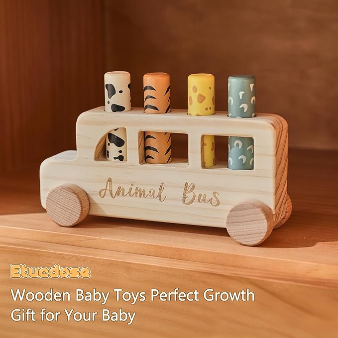 Wooden Pop Up Toys for Babies | STEM Montessori Toys Color Animal Bus for Toddlers | Preschool Learning Toddler Educational Gifts for Kids Boys Girls | Baby Toy Games