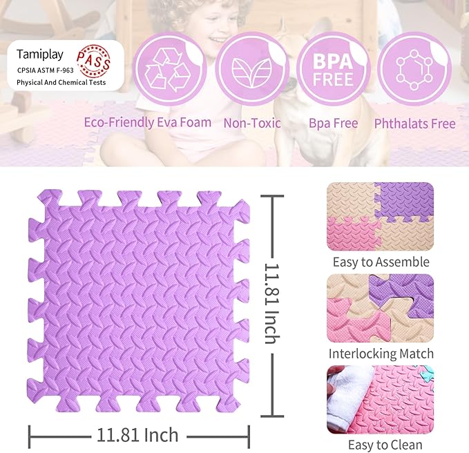 Foam Play Mat for Baby, 0.4 Inch Thicked Interlocking Floor Mats with Solid Colors, Soft Non-Toxic Squares Baby Play Mat, EVA Foam Puzzle Floor Mat for Toddler, 16 Tiles(Pink/Beige/Purple)