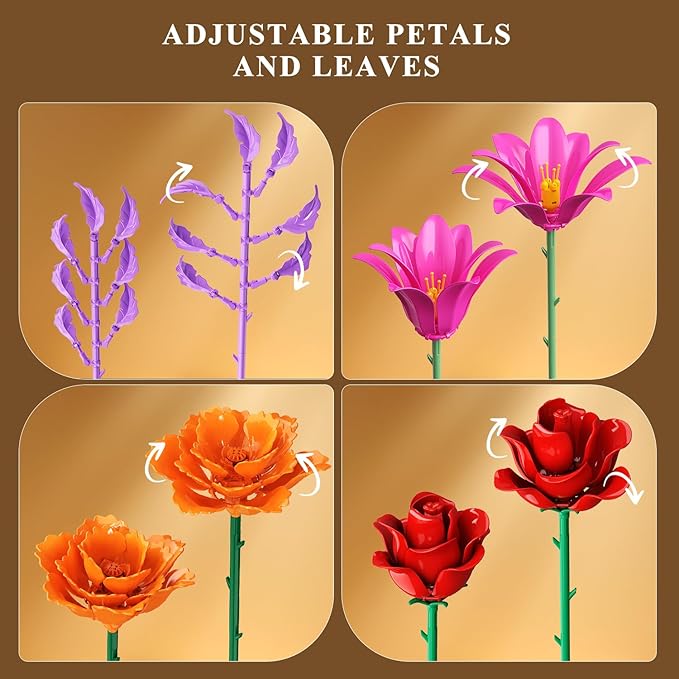 Flowers Bouquet Building Set with LED Light, 21 Flower Botanical Collection Building Block Toy, Rose Lily Plants Home Office Decor 1054PCS, for Her Adults Women Kids Girls 12+ (RED)