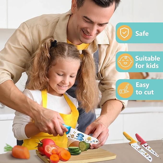 Kibbidea Kids Knife Set for Real Cooking, 4pcs Kids Safe Kitchen Cutting Knives, Stainless Steel Blades, Children First Starter knife, BPA-free (Multicolor)