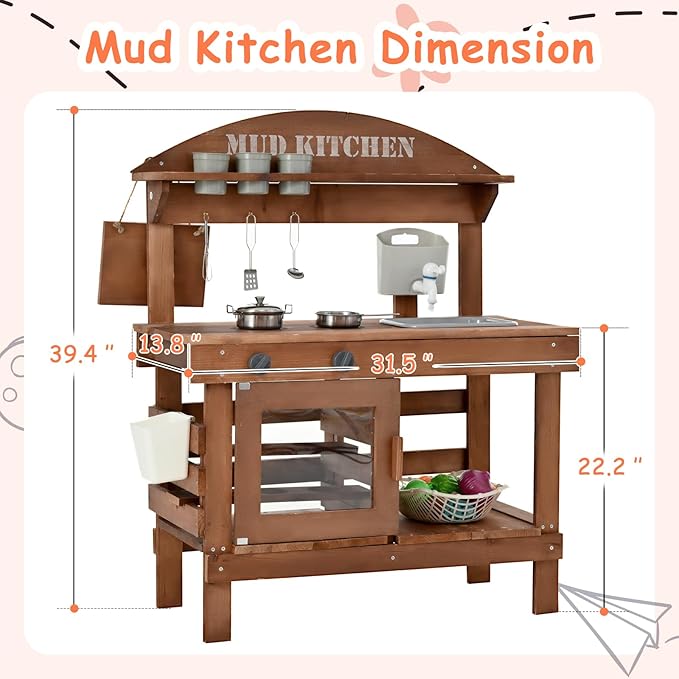 Mud Kitchen for Kids Outdoor 31.5in, Wooden Play Kitchen with Accessories for Kids Play Kitchen Set with Sink, Faucet, Plants Observation Room for Backyard Garden
