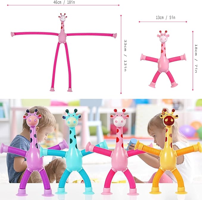 4 Pcs Telescopic Suction Cup Giraffe Toy, Funny Pop Tubes Sensory Toy for Toddlers, Educational Fidget Toys Basket Stocking Stuffer for Anxiety Kids for 3 4 5 6 7 8 9 Year Old Boy Girl
