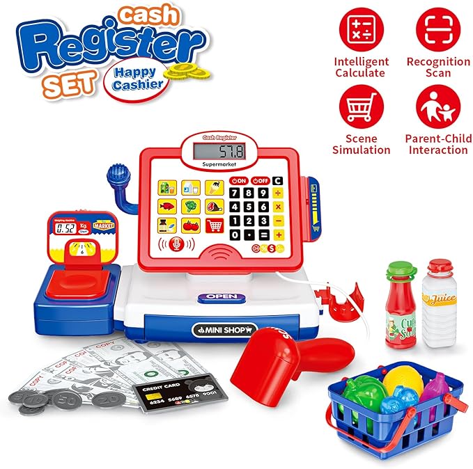 FS Toy Cash Register for Kids with Scanner, Play Money, Credit Card, Shopping Basket, Pretend Play Toys for Toddler 3-5-7 Years Old Boys and Girls Preschool Learning Activities, 57 Pieces Play Set