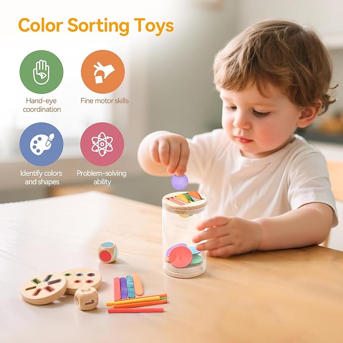 Montessori Wooden Color & Shape Sorting Toy Set for 1-3 Year Old Learning Fine Motor Skills & Color Recognition Educational Sensory Matching Games for Preschool Kids Safe, Durable Gift for Boys Girls