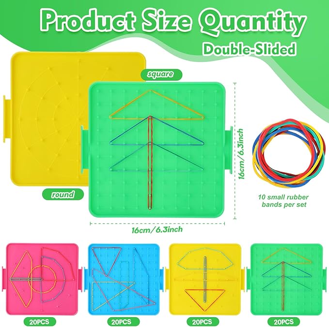 Lenwen 80 Pcs Double Sided Geoboard Math Manipulatives Geoboard with Rubber Bands 6.3 Inch Plastic Educational Graphical Toy for Learning Creativity