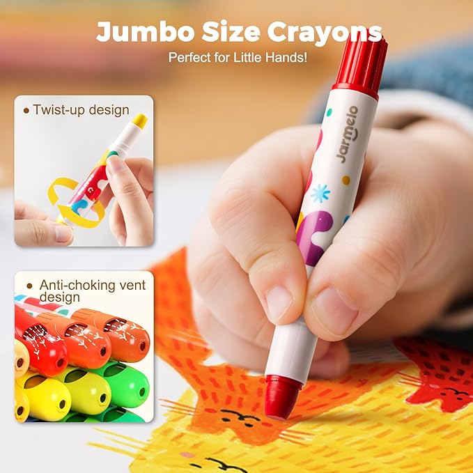 Jar Melo Jumbo Crayons for Toddlers, 6 Colors TwistJoy Non Toxic Washable Crayon, Easy to Hold Large Crayons, Safe for Babies and Children, Gift for Boys and Girls