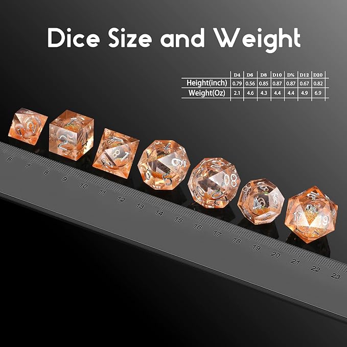 Liquid Sharp Edge D&D Dice,DNDND 7PCS Liquid Filled Risin DND Dice with Gift Case for Dungeons and Dragon Game (Light Orange)