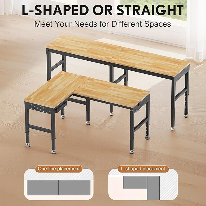 96”L-Shaped Heavy Duty Work Bench, Heights Adjustable Workbench, 5000 LBS Load Capacity, Work Benches for Garage with Power Outlet & Pegboard, Rubber Wood Work Table for Office, Workshop, Home