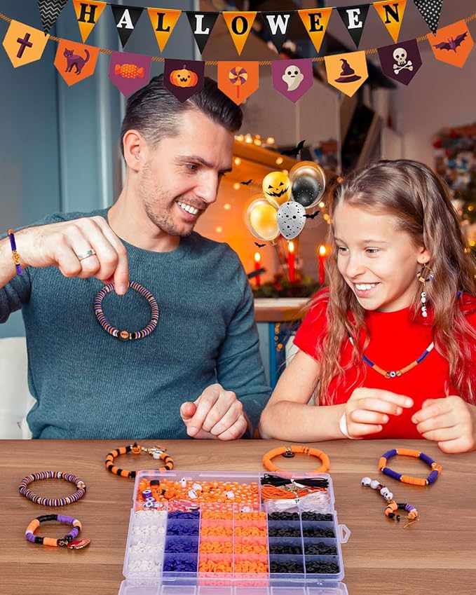 Goldwise Halloween Beads Friendship Bracelet Kit,2 Boxes with Halloween Clay Beads and Orange Letter (A-Z) for Jewelry Making, Varieties of Charms Jewelry Making,DIY Crafts for Party