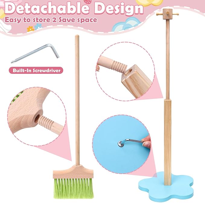 Lonico Wooden Kids Cleaning Toy Set for Toddlers Mop Broom and Dustpan Set, 12 Pcs Detachable Housekeeping Playset with Bucket Duster Brushes Pretend Play Cleaning Toys Gift for Boy Girl Age 3 4 5 6