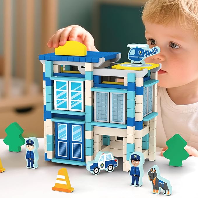 162PCS Wooden Building Blocks Set for Toddlers, Construction City Stacking Toys, Preschool Learning Educational Toys for Kids 3+ Years Girls and Boys (Police Station)