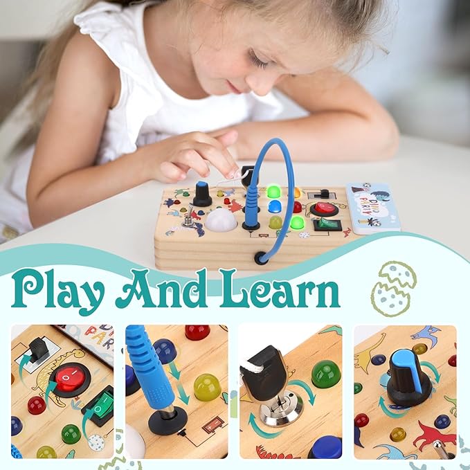 Dinosaur Busy Board with 8 LED Light Switches, Toddler Montessori Busy Board with Light Switch, Sensory Travel Toys, Montessori Toys for 1+ Year Old Boys